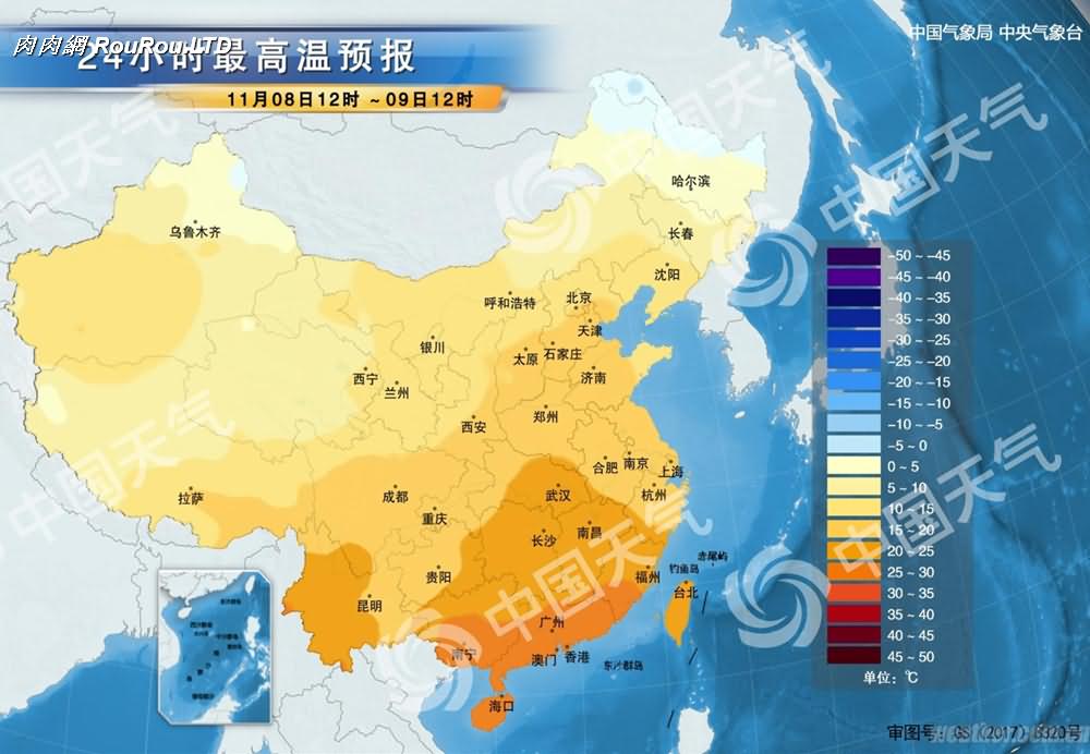 立冬 中國最高氣溫分佈圖