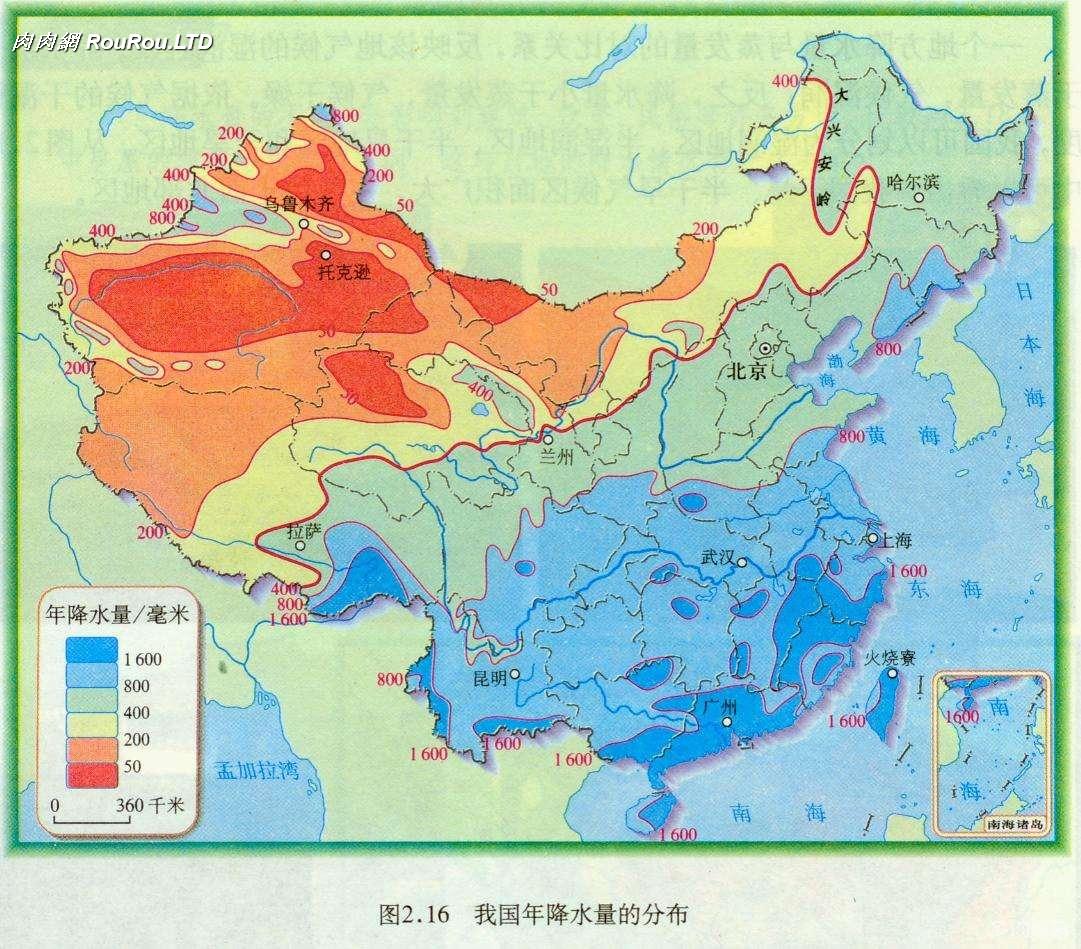 中國年降水量分佈圖