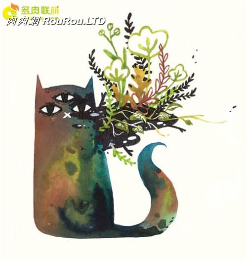 多肉植物與動物在一起系列水彩畫之9